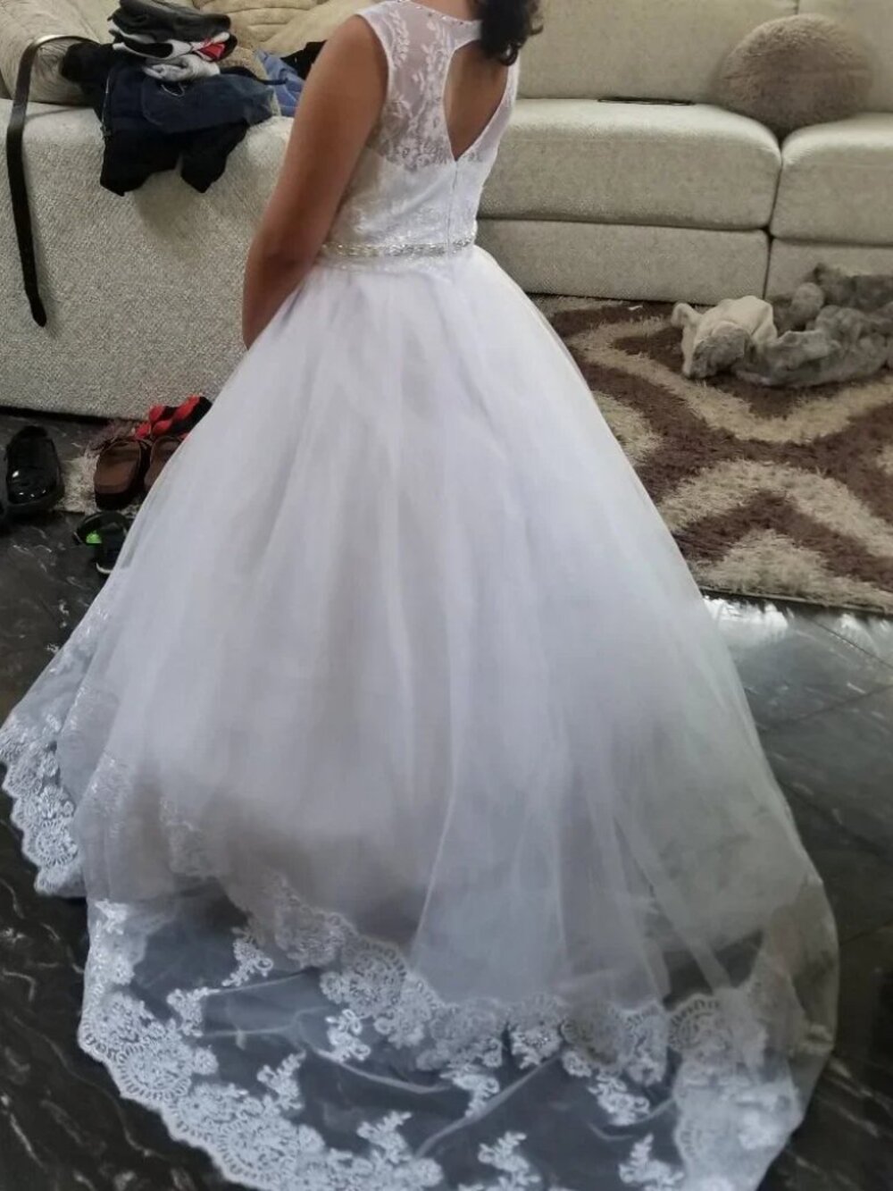 Communion White Lace Flower Girl Dress Butterfly Cape with Bow Size 12 - Picture 4 of 13